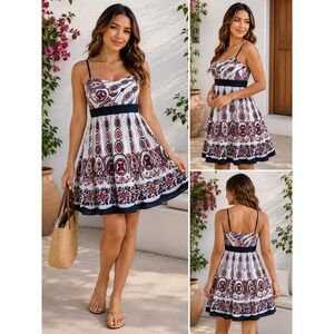 ARK Mini Dress Womens Medium White Red Navy Medallion Floral Excellent Summer